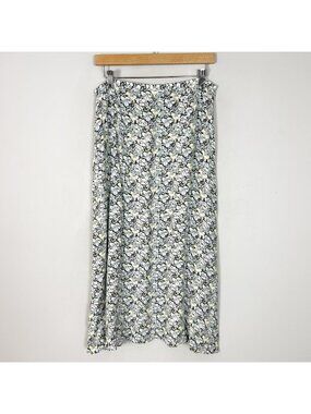 H&M Floral Midi Skirt Blue & Yellow Front Split Spring Easter Size 10 Women's
